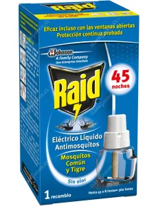 Insecticida Raid Eléctrico Líquido Mosquitos y Zancudos 45 Noches Sin Olor Repuesto