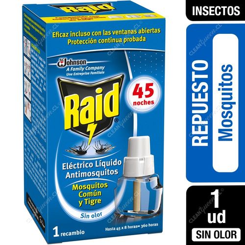 Insecticida Raid Eléctrico Líquido Mosquitos y Zancudos 45 Noches Sin Olor Repuesto