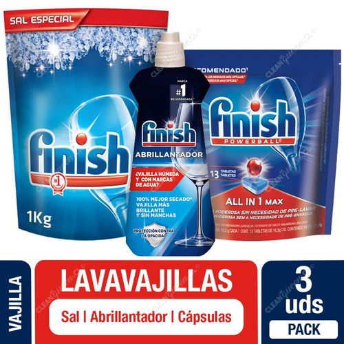 Pack Lavavajilla Finish: Sal 1 Kg, Abrillantador 400 ml y Detergente Cápsulas 13 Unid