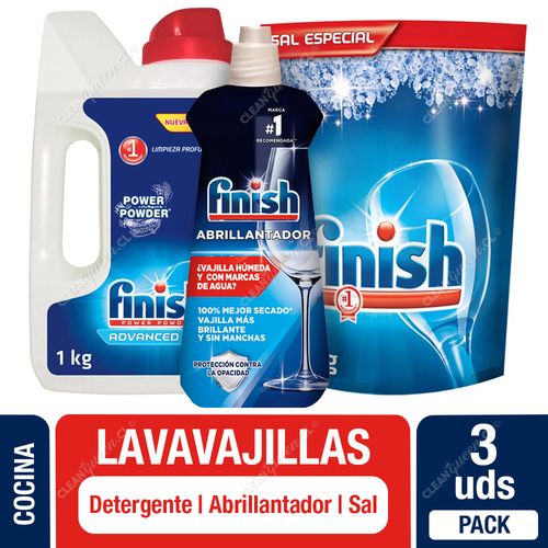 Pack Lavavajilla Finish: Sal 1 Kg, Abrillantador 400 ml y Detergente Polvo 1 Kg