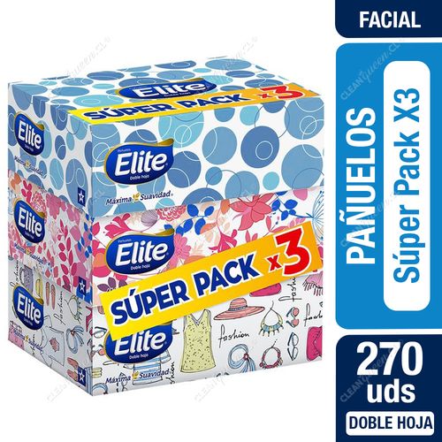 Pañuelo Facial Doble Hoja Elite, 3 Unid. 90 Pañuelos c/u