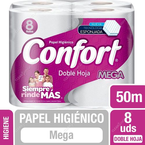 Papel Higiénico Confort Mega Doble Hoja 50 mts c/u 8 Unid