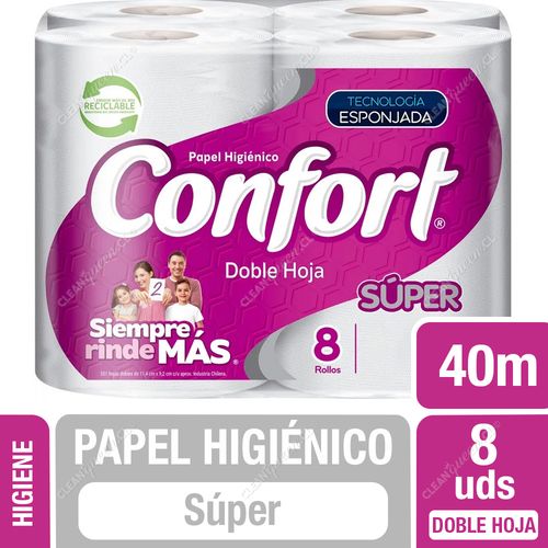 Papel Higiénico Confort Súper Doble Hoja 40 mts c/u 8 Unid