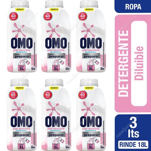 Omo Detergente Líquido Piel Sensible Diluible 6 x 500 ml