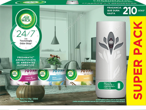 Air Wick Aparato + Repuesto Aromatizante Freshmatic Súper Pack 250 ml 3 un