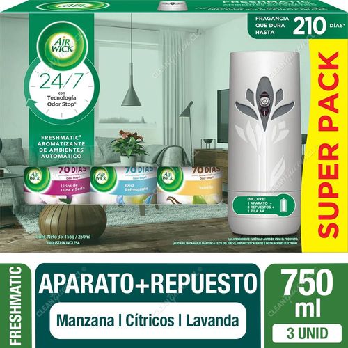 Air Wick Aparato + Repuesto Aromatizante Freshmatic Súper Pack 250 ml 3 un