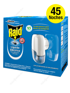 Raid Insecticida Eléctrico Líquido Mosquitos y Zancudos 45 Noches Aparato + Repuesto