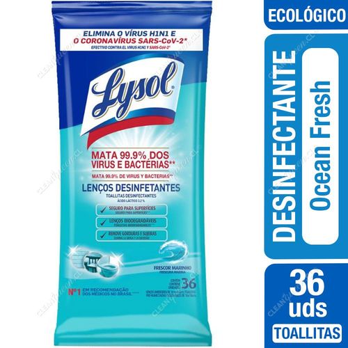 Lysol Toallitas Desinfectantes Wipes Biodegradables Ocean Fresh 36 un