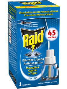 Raid Insecticida Eléctrico Líquido Mosquitos y Zancudos 45 Noches Sin Olor Repuesto