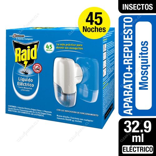Raid Insecticida Eléctrico Líquido Mosquitos y Zancudos 45 Noches Aparato + Repuesto