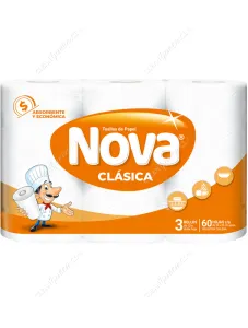 Toalla de Papel Nova Clásica Doble Hoja 12 mts c/u 3 Unid