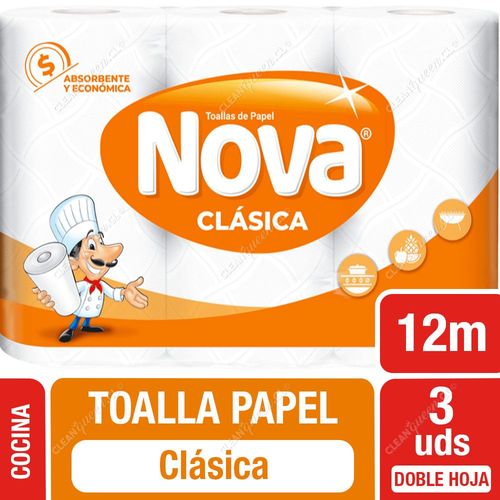 Toalla de Papel Nova Clásica Doble Hoja 12 mts c/u 3 Unid