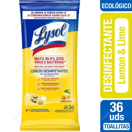 Toallitas Desinfectantes Lysol Wipes Biodegradables Lemon and Lime 36 Unid