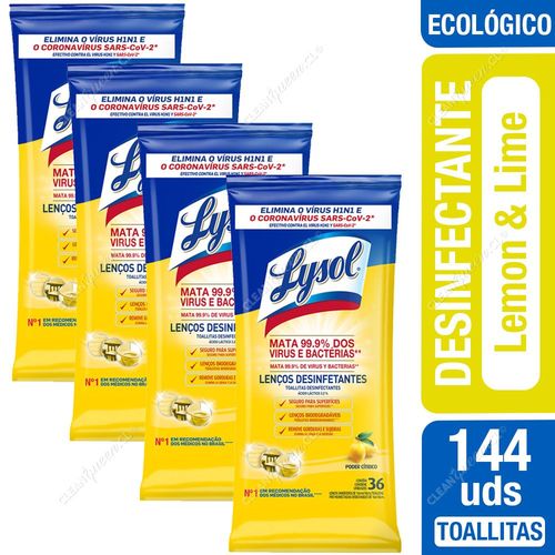 Toallitas Desinfectantes Lysol Wipes Biodegradables Lemon and Lime 4 x 36 Unid