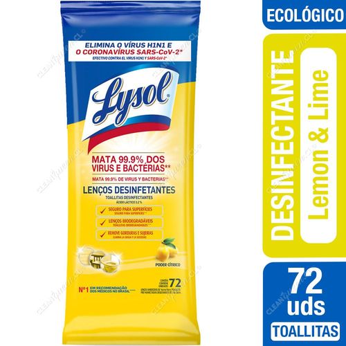 Toallitas Desinfectantes Lysol Wipes Biodegradables Lemon and Lime 72 Unid